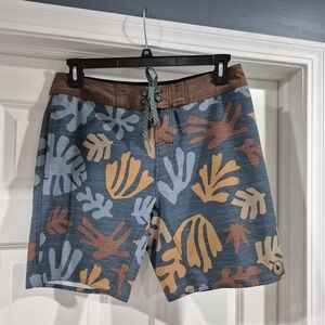 HippyTree Board Shorts Mens 32 Blue Tan Bombora Trunk Leaves Surf Swim Stretch